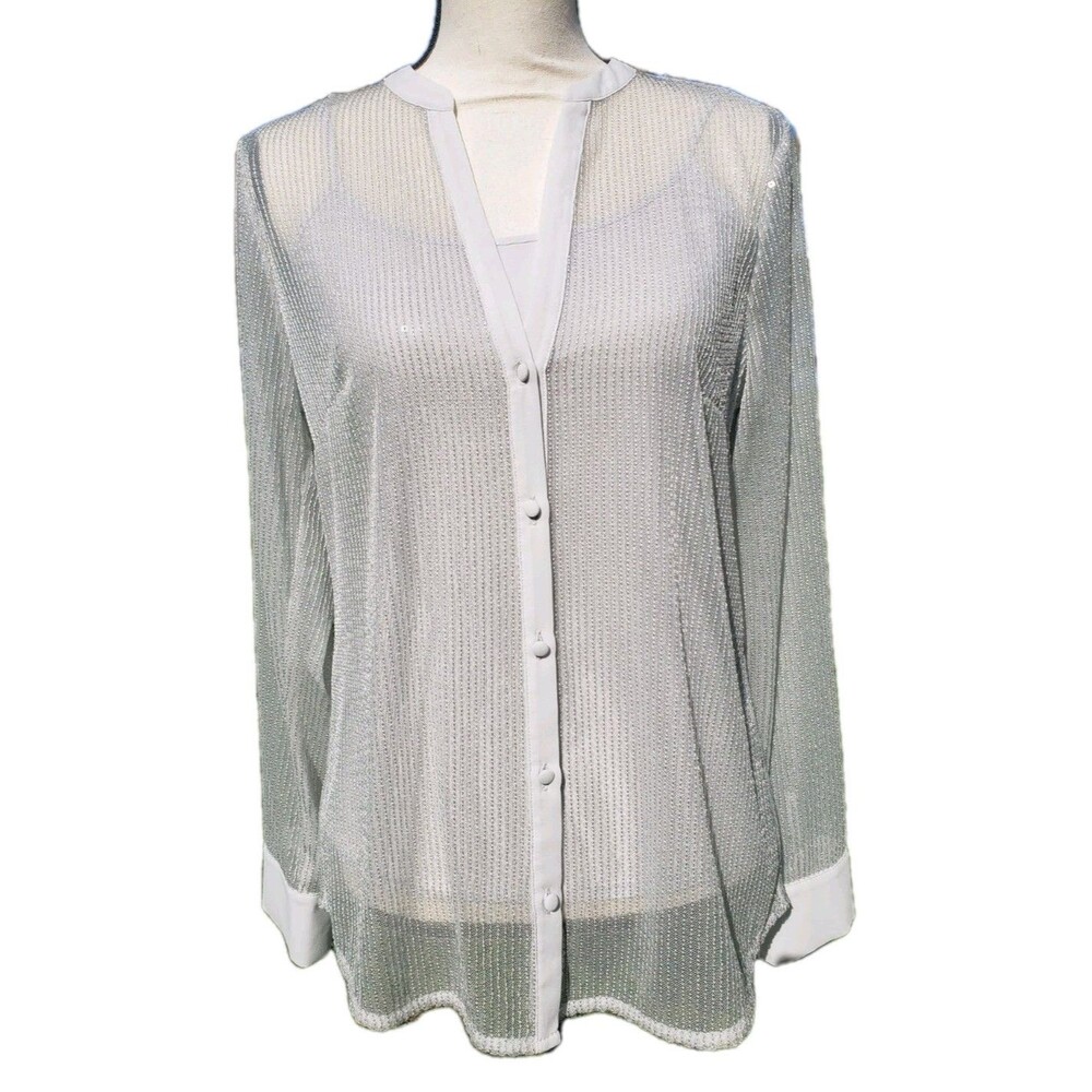 White House Black Market Gray Sequin Sheer Top w/Stretch Tank Shell EUC Sz Small